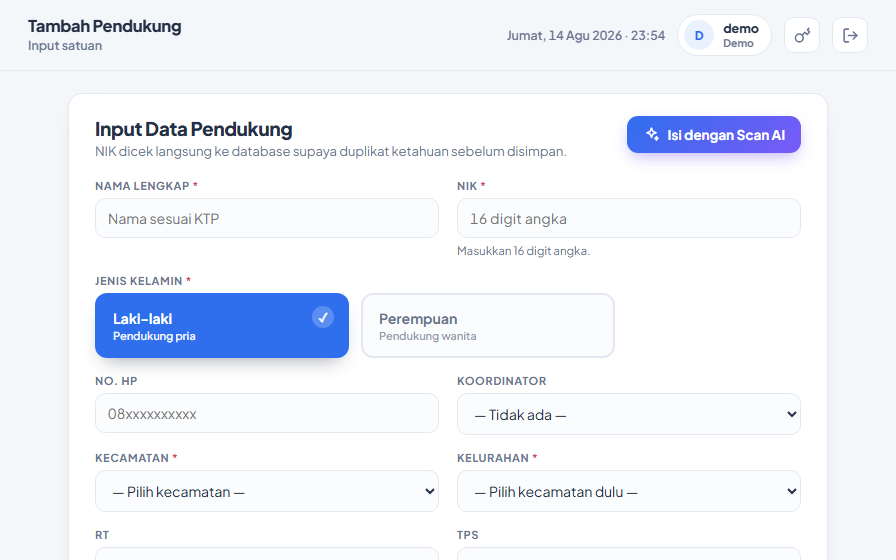 Formulir input pendukung dengan pemeriksaan NIK